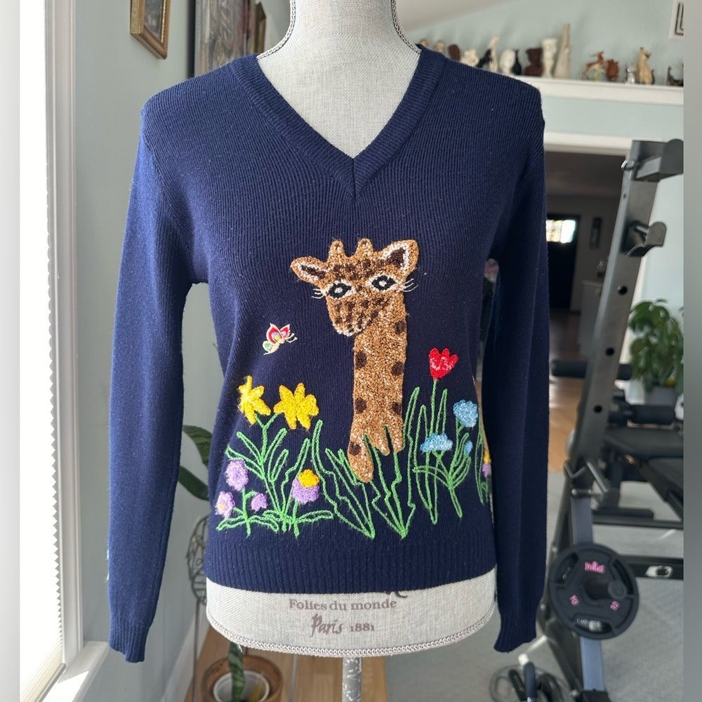 Women's Navy V-Neck Sweater with Giraffe & Floral Embroidery